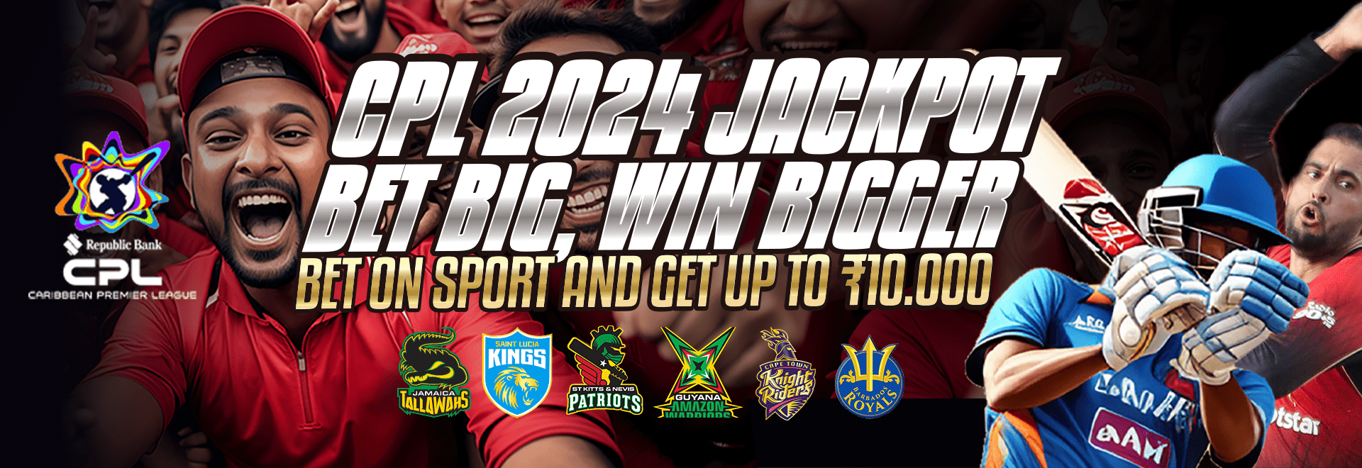 Cricket league match-day banner with players celebrating
